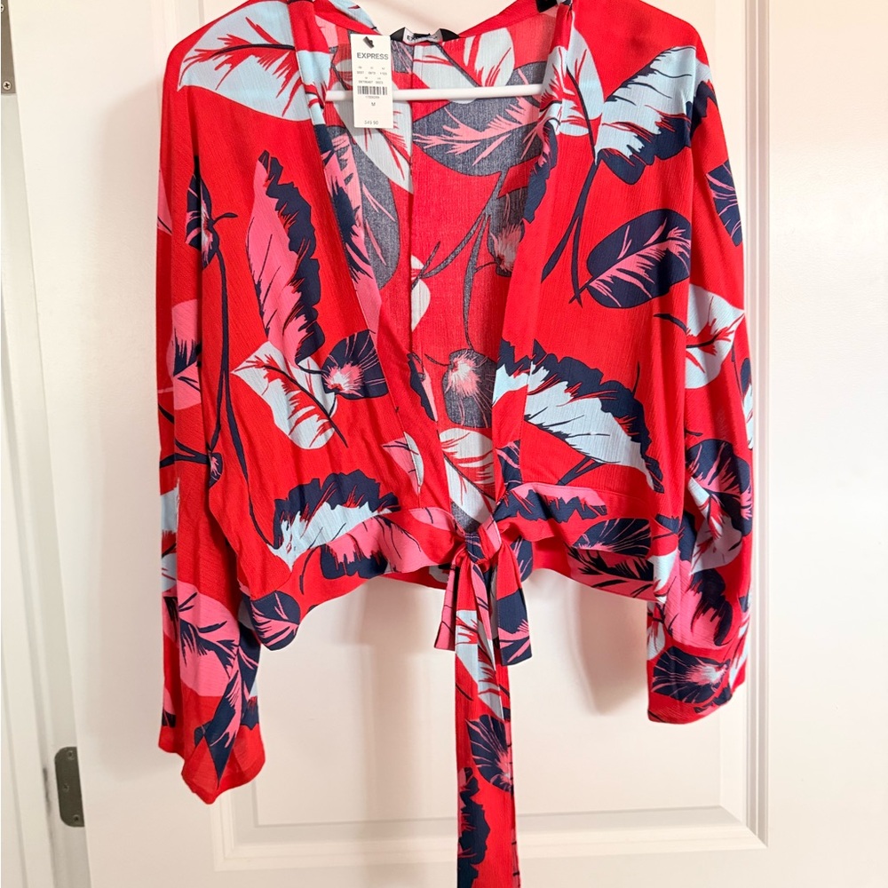 Express Red and Blue Leaf Print Crop Top